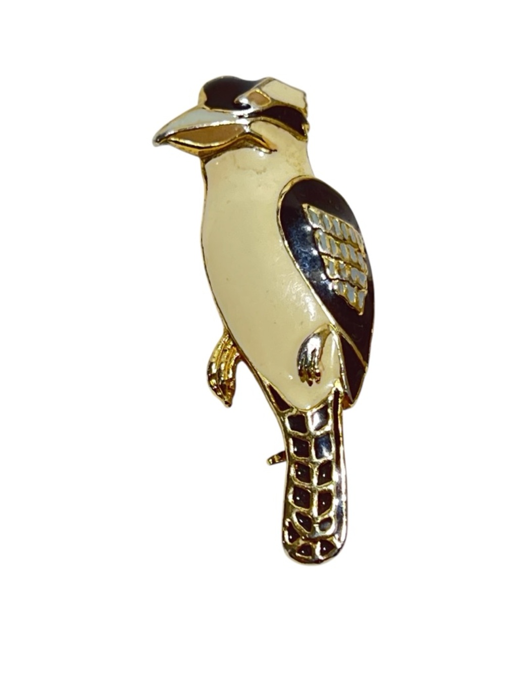 Vintage Enamel Kookaburra Brooch Goldtone Bird Cream Black